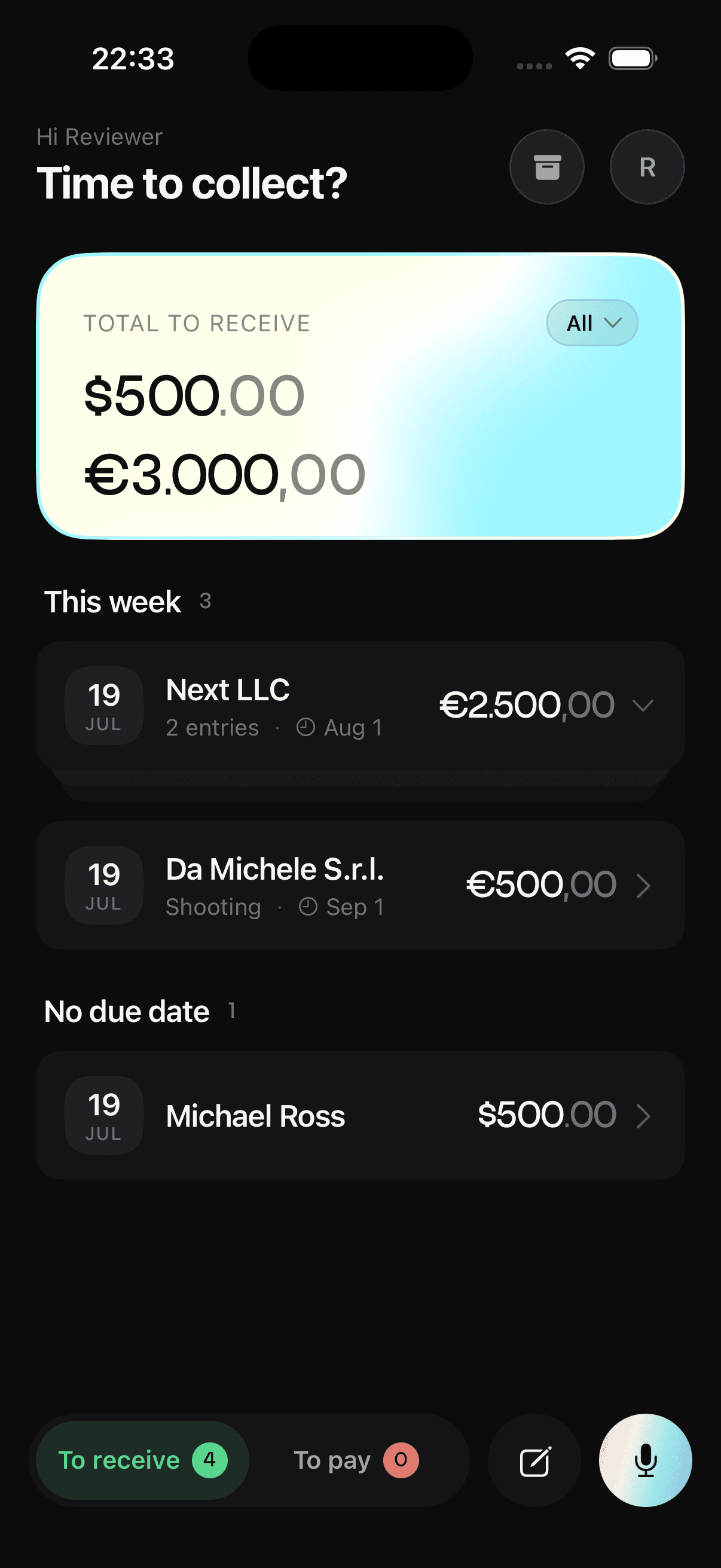 Amnty — home screen with open entries